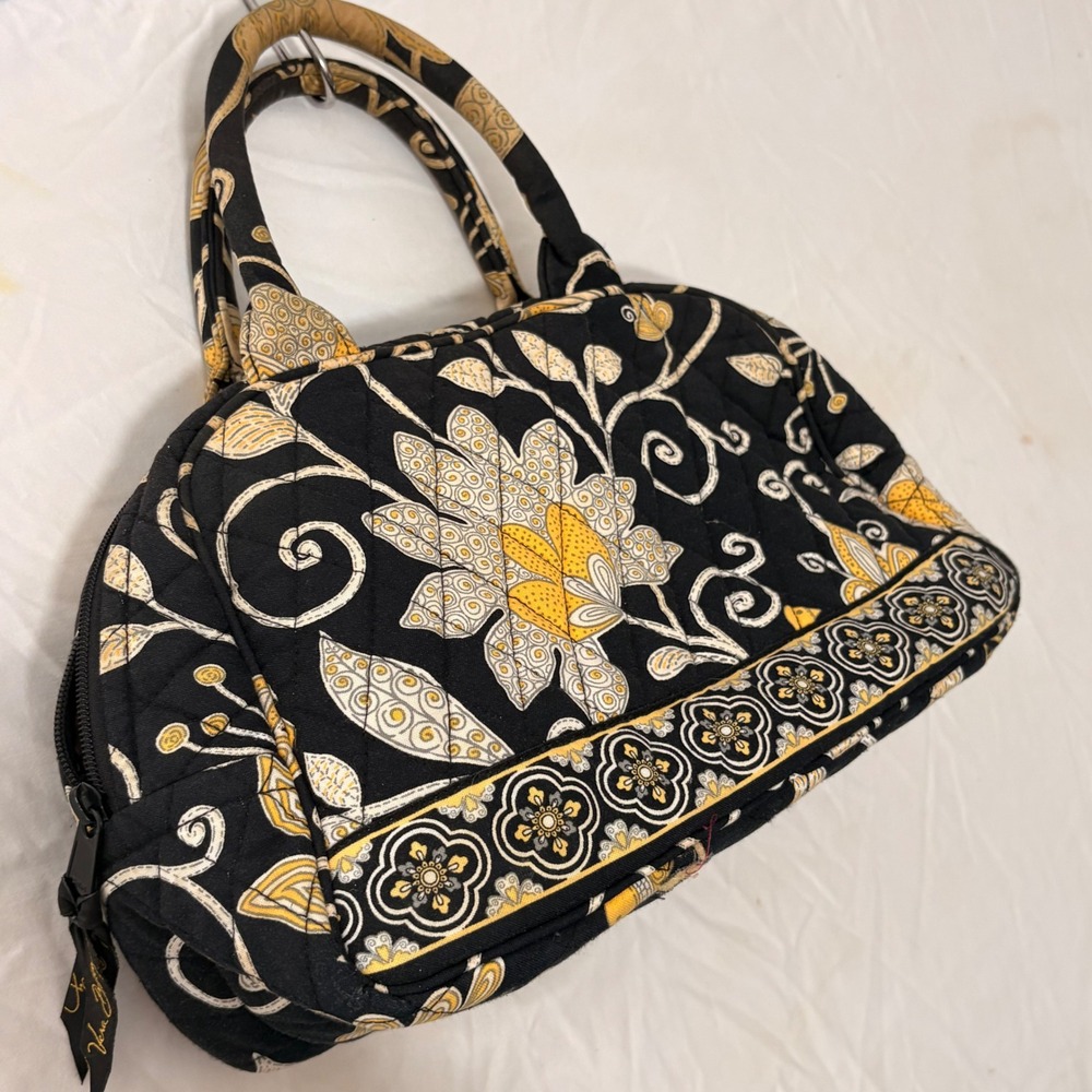 Vera Bradley Hope Garden Quilted Cotton Satchel Handbag Black Yellow Floral